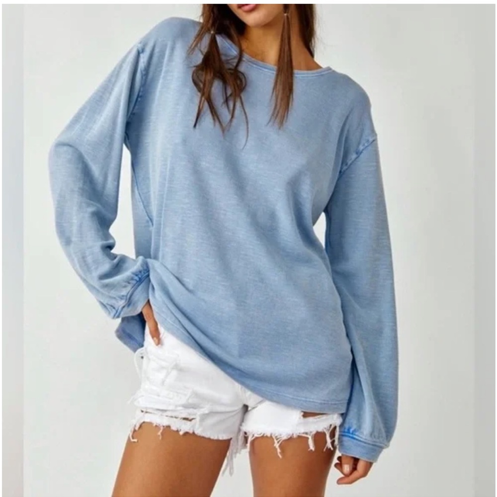 Free People Washed Light Blue Long Sleeve Pullover